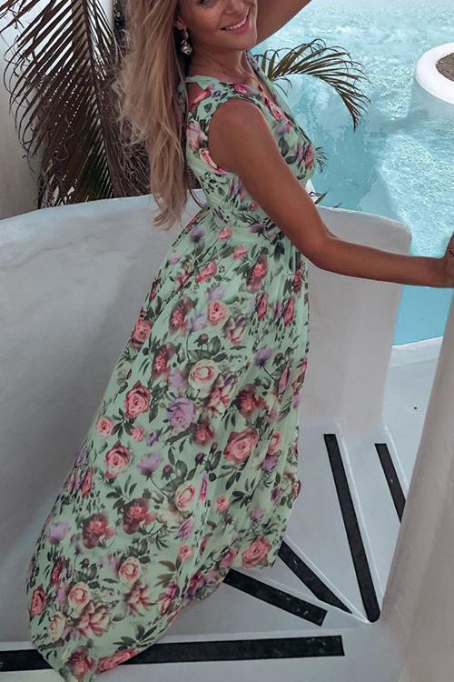 V Neck Floral Print Maxi Dress