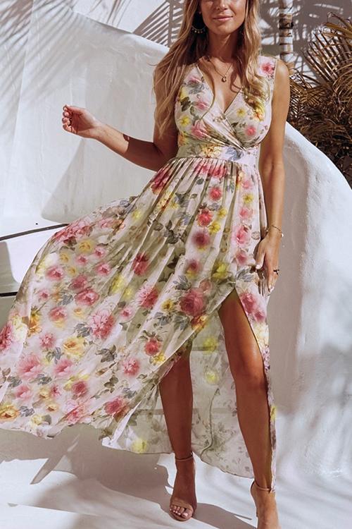 V Neck Floral Print Maxi Dress