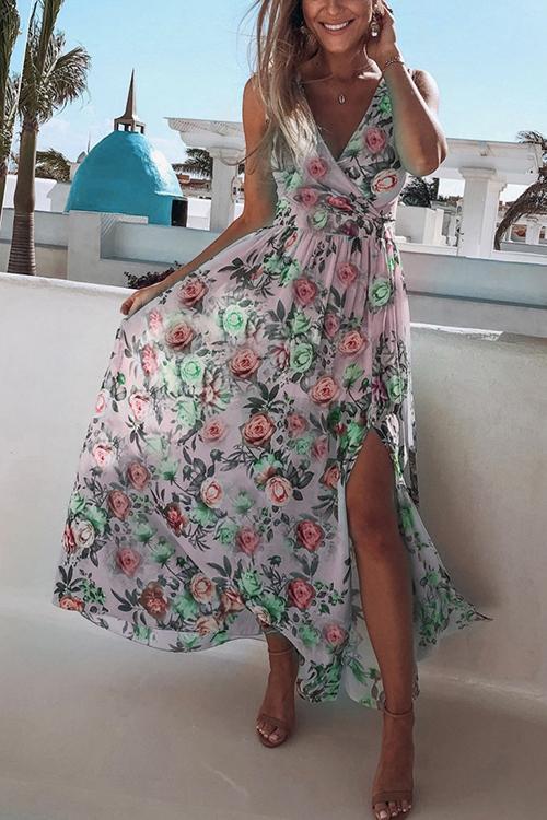 V Neck Floral Print Maxi Dress