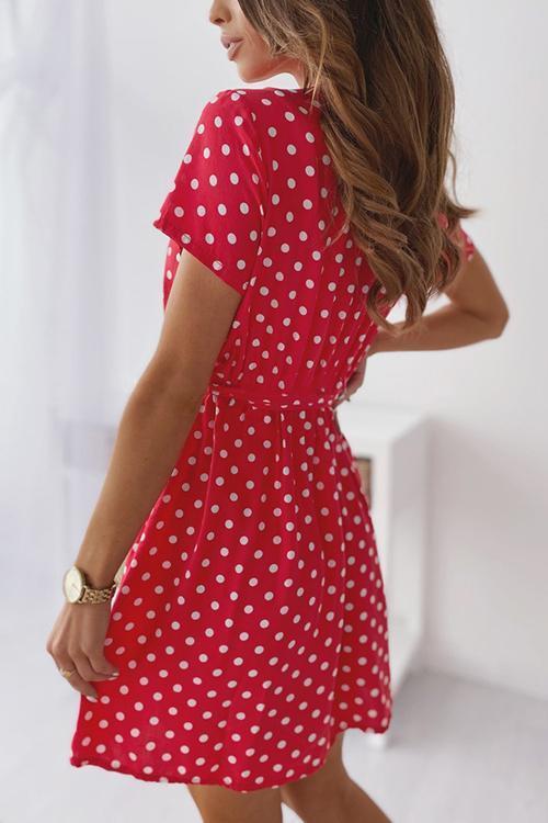 Polka Dot V Neck Short Sleeve Mini Dress