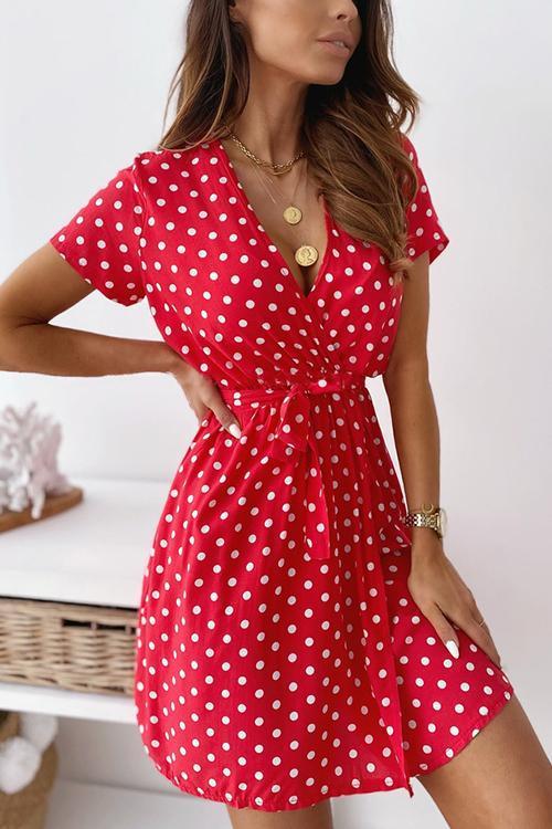 Polka Dot V Neck Short Sleeve Mini Dress