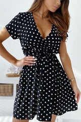 Polka Dot V Neck Short Sleeve Mini Dress