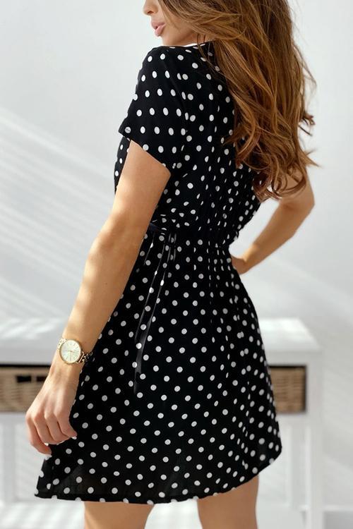 Polka Dot V Neck Short Sleeve Mini Dress