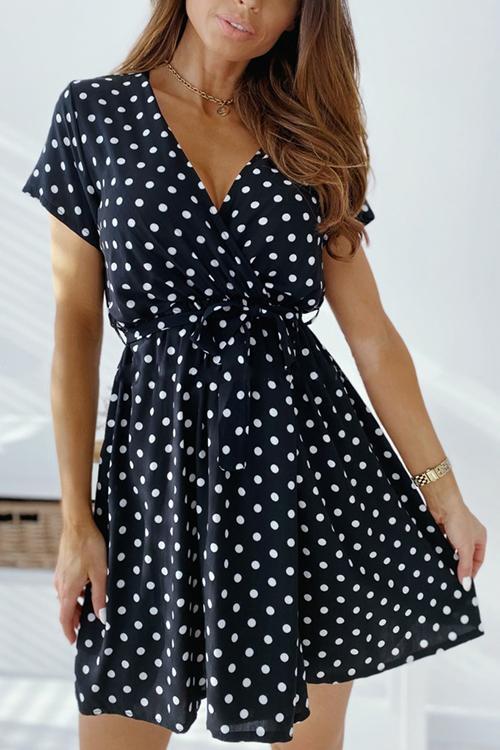 Polka Dot V Neck Short Sleeve Mini Dress