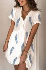 Leaf Ruffles V Neck Mini Dress