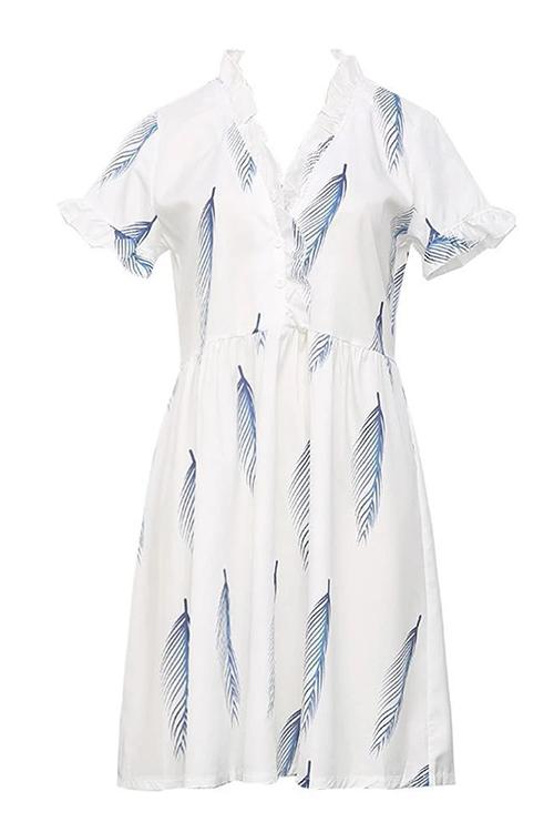 Leaf Ruffles V Neck Mini Dress