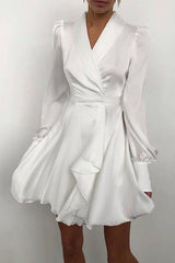Satin Lapel Puff Sleeve Mini Dress