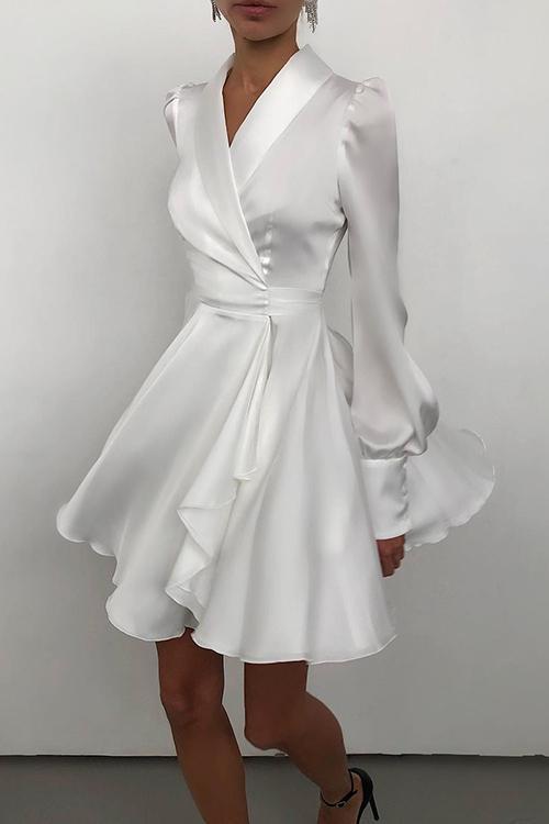 Satin Lapel Puff Sleeve Mini Dress
