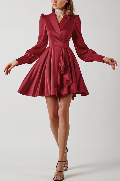 Satin Lapel Puff Sleeve Mini Dress