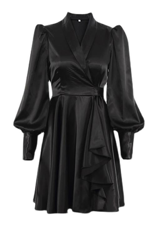 Satin Lapel Puff Sleeve Mini Dress