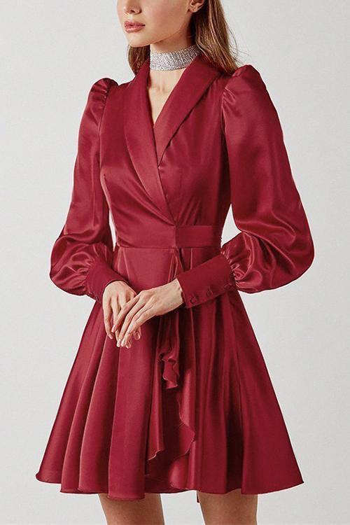 Satin Lapel Puff Sleeve Mini Dress