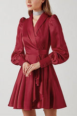 Satin Lapel Puff Sleeve Mini Dress