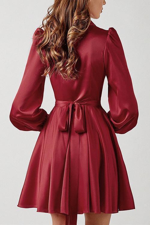 Satin Lapel Puff Sleeve Mini Dress
