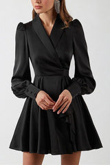 Satin Lapel Puff Sleeve Mini Dress