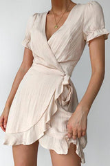 Ruffles Knot V Neck Wrap Mini Dress