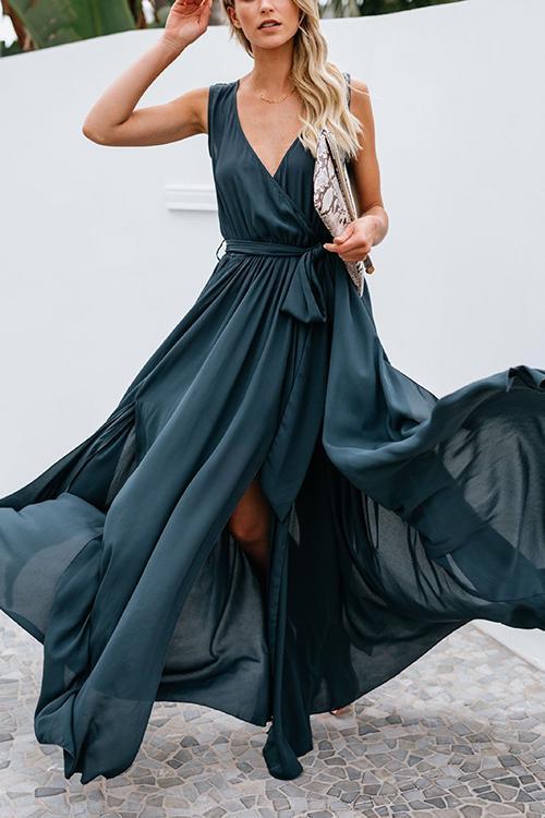 V Neck Sleeveless Slit Wrap Maxi Dress