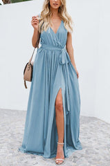 V Neck Sleeveless Slit Wrap Maxi Dress