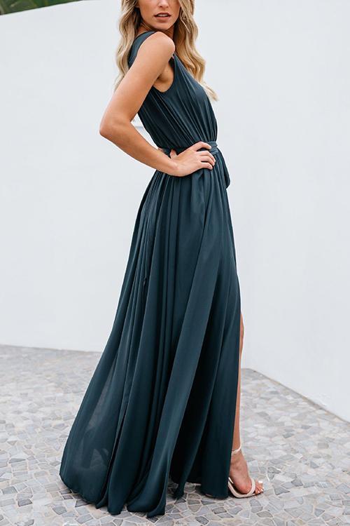 V Neck Sleeveless Slit Wrap Maxi Dress