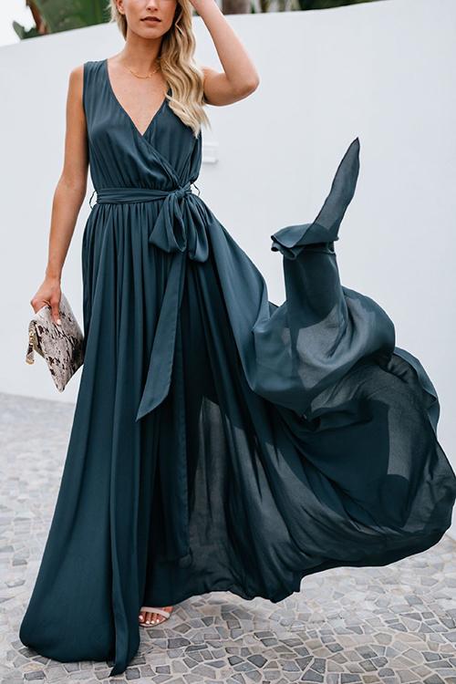 V Neck Sleeveless Slit Wrap Maxi Dress