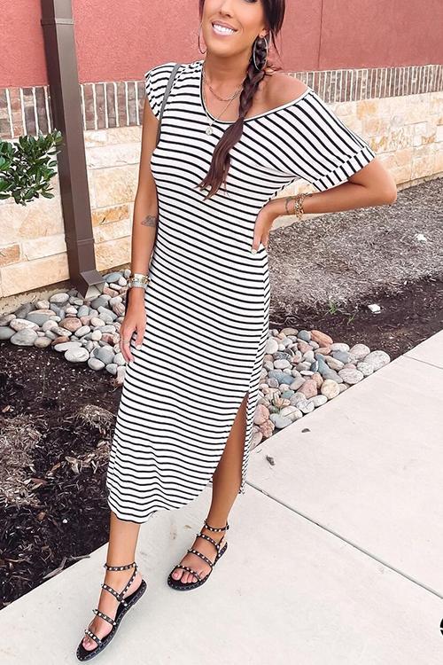 Pockets Stripe V Neck Slit Dress