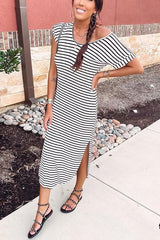 Pockets Stripe V Neck Slit Dress