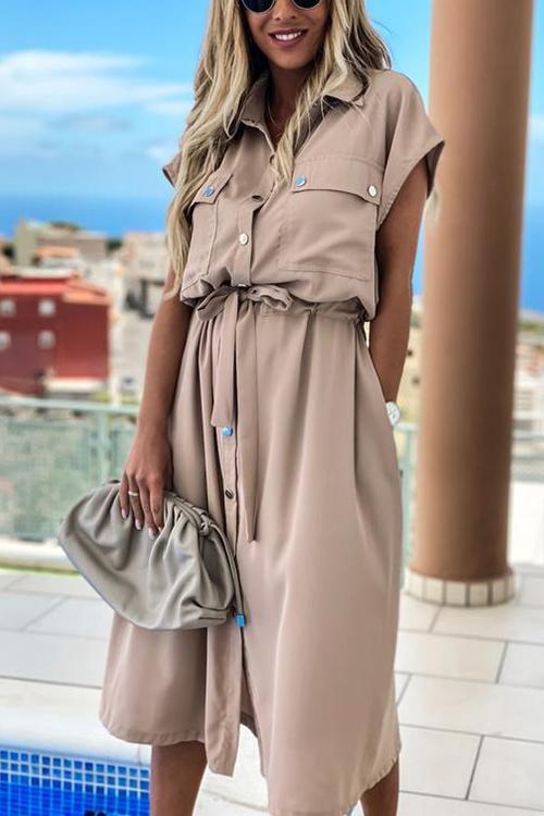 Pockets Button Blelted Dress