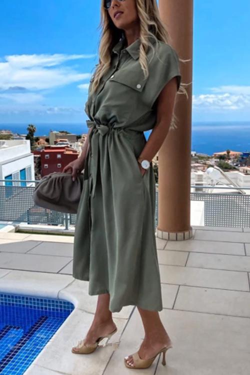 Pockets Button Blelted Dress