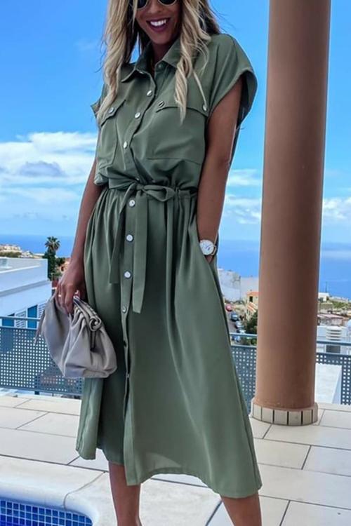 Pockets Button Blelted Dress