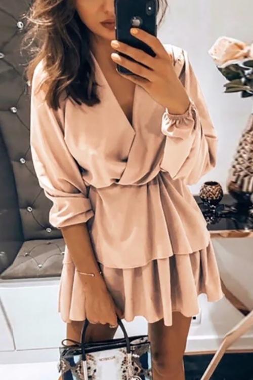 V Neck Long Sleeve Tiered Mini Dress