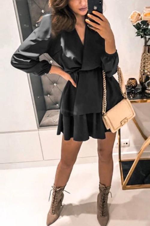 V Neck Long Sleeve Tiered Mini Dress