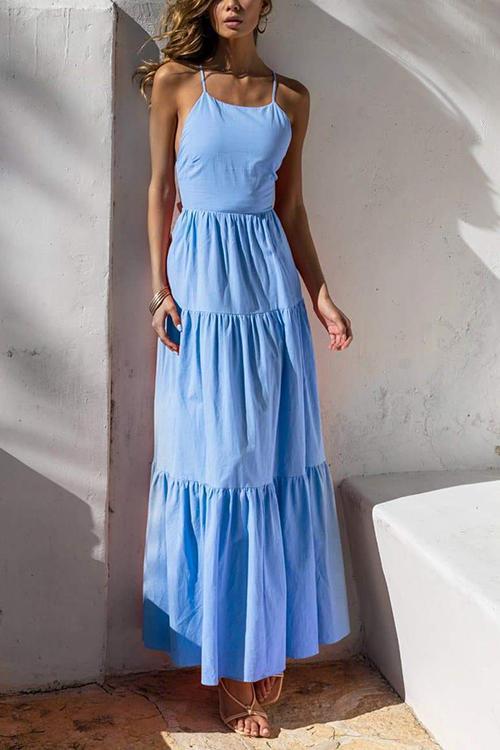 Layer Halter Neck Backless Maxi Dress