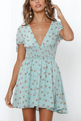 Print V Neck Short Sleeve Mini Dress