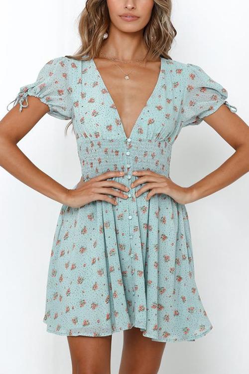 Print V Neck Short Sleeve Mini Dress
