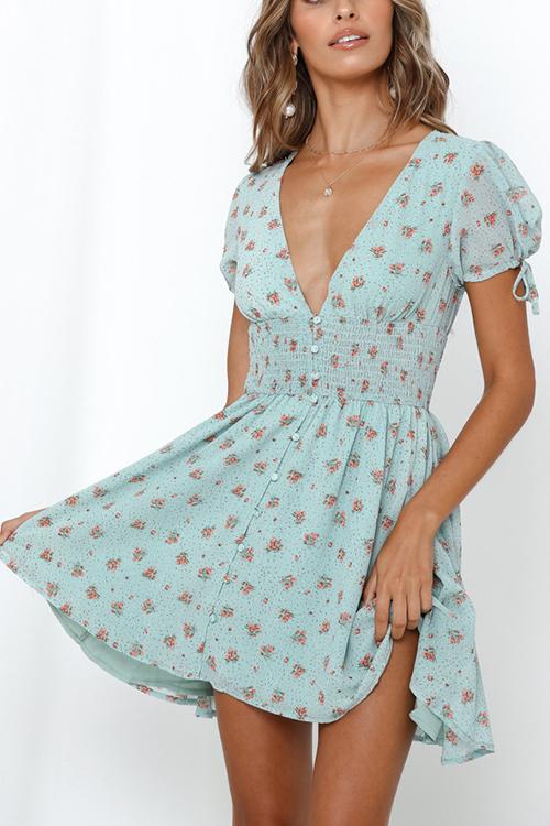 Print V Neck Short Sleeve Mini Dress