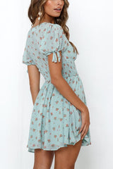 Print V Neck Short Sleeve Mini Dress