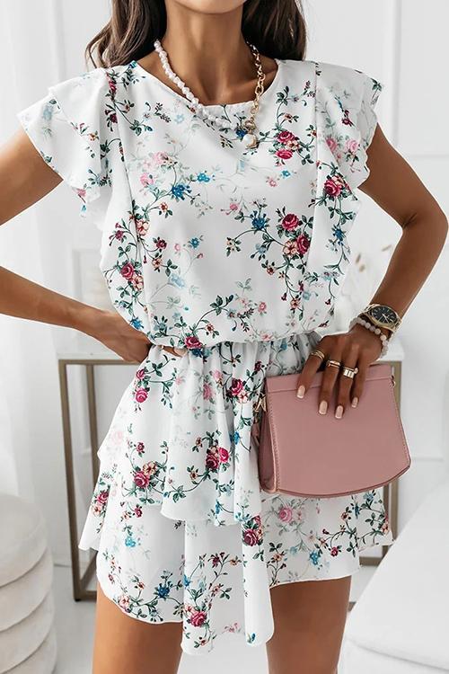 Print O Neck Short Sleeve Mini Dress