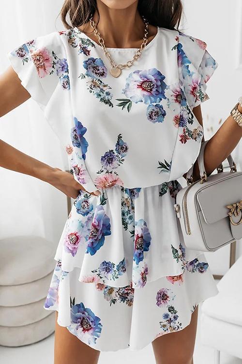 Print O Neck Short Sleeve Mini Dress