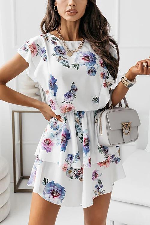 Print O Neck Short Sleeve Mini Dress