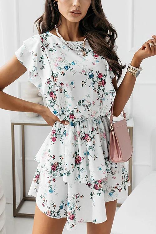 Print O Neck Short Sleeve Mini Dress