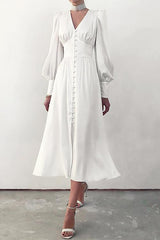 Satin Button Puff Long Sleeve Dress