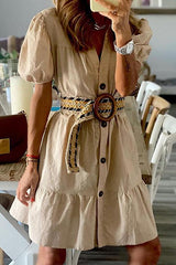 Ruffles Button Puff Short Sleeve Mini Dress