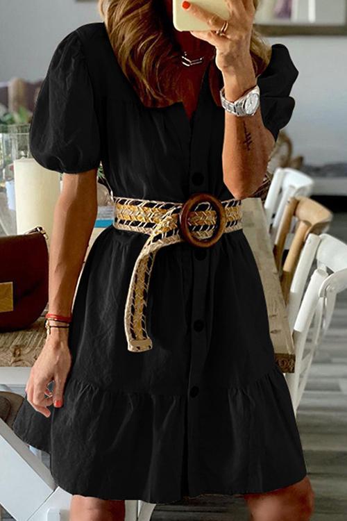 Ruffles Button Puff Short Sleeve Mini Dress