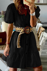 Ruffles Button Puff Short Sleeve Mini Dress
