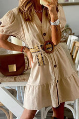 Ruffles Button Puff Short Sleeve Mini Dress