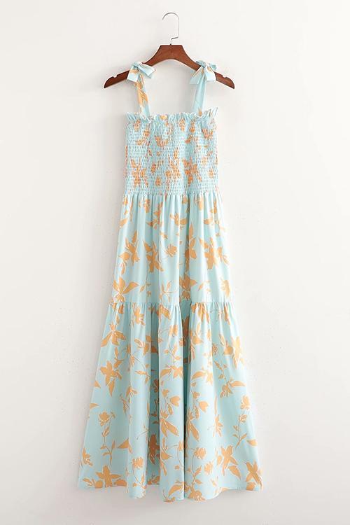 Print Elastic Tube Bow Slip Maxi Dress