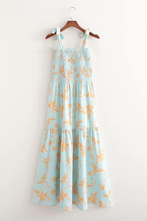 Print Elastic Tube Bow Slip Maxi Dress