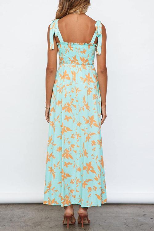 Print Elastic Tube Bow Slip Maxi Dress