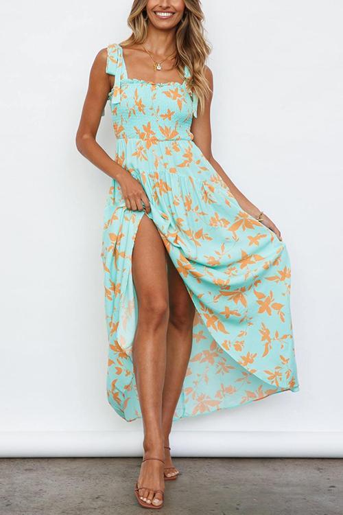 Print Elastic Tube Bow Slip Maxi Dress