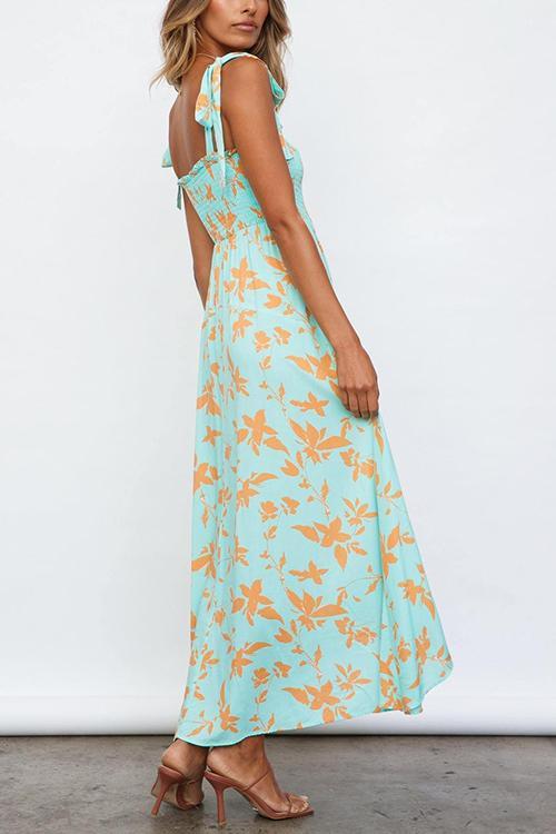 Print Elastic Tube Bow Slip Maxi Dress