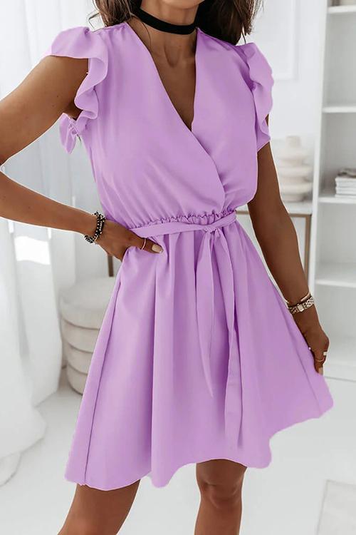 Ruffles V Neck Bleted Mini Dress